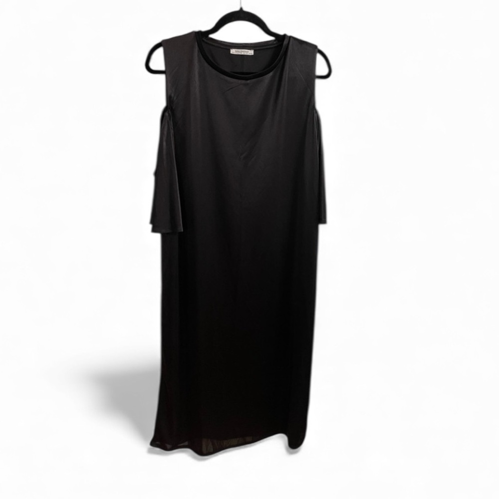 Zara Woman Black Cold Shoulder Midi Dress – Size L Minimalist Evening Look